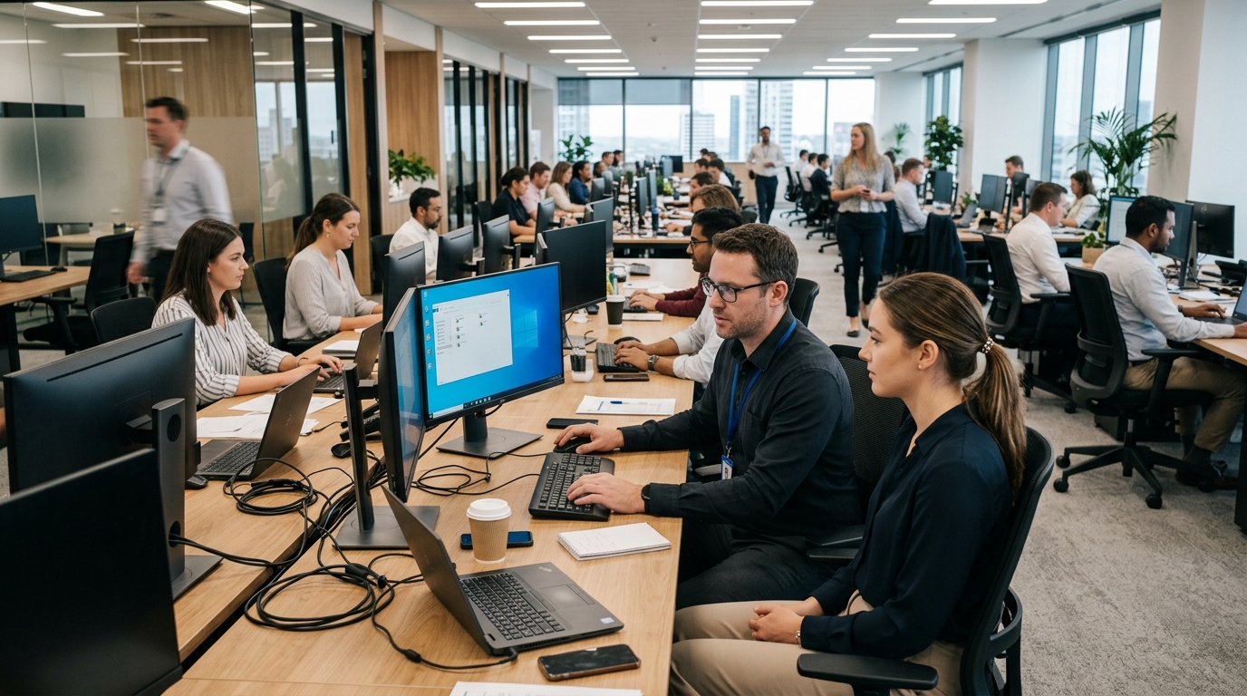 Uma fotografia editorial de um escritório corporativo moderno e movimentado. Em primeiro plano, uma especialista de suporte de TI ajuda uma funcionária diretamente em seu computador. Ao fundo, outros membros da equipe de TI trabalham em suas próprias estações, realizando manutenções preventivas, enquanto o restante da equipe da empresa continua suas operações normais em outras mesas.
