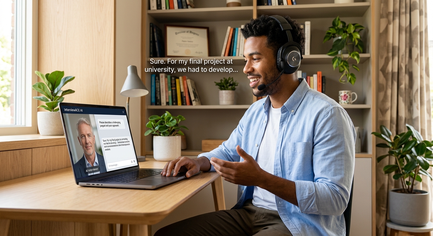 Homem treinando para uma entrevista de emprego com simulador virtual em laptop, destacando como evitar erros ao usar inteligência artificial nas respostas.