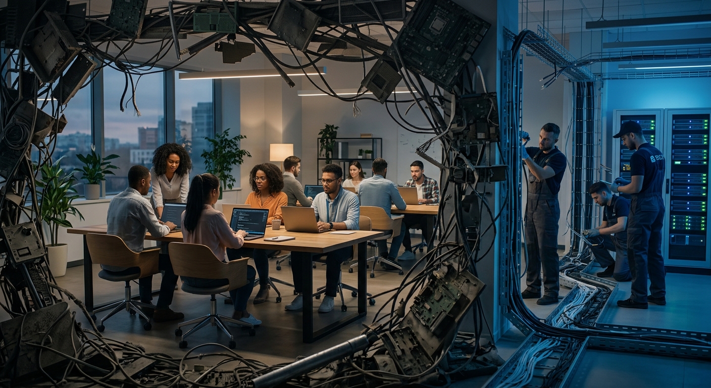 Dívida técnica em software representada por infraestrutura antiga e complexa dificultando o trabalho da equipe de desenvolvimento.