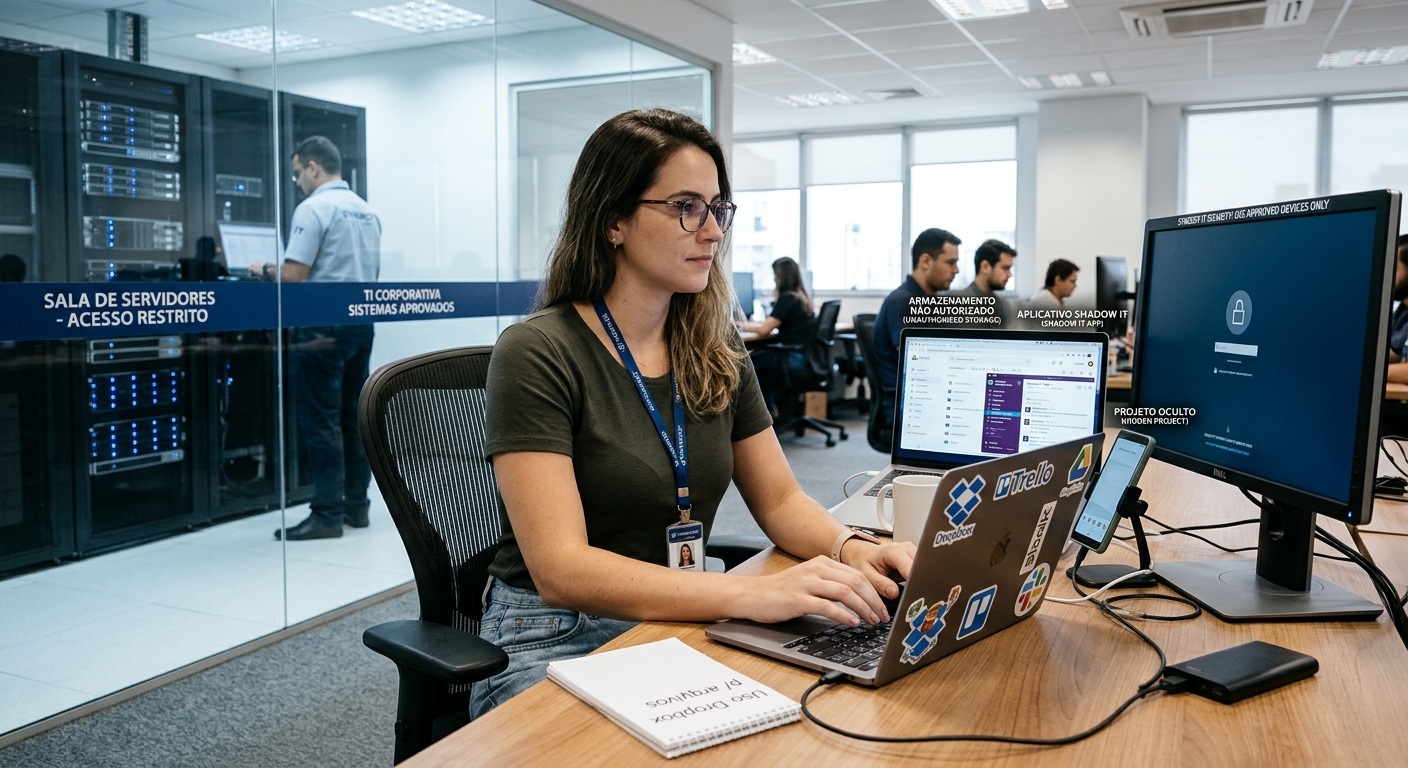Profissional em ambiente corporativo usando dispositivos e softwares não homologados, exemplificando o conceito de Shadow IT no ambiente de trabalho.