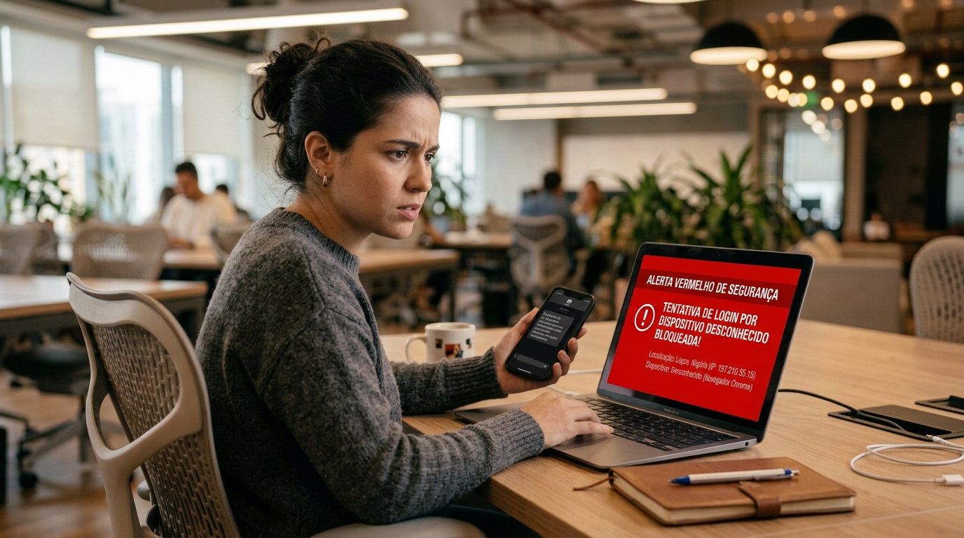 Pessoa apreensiva analisando notificações de segurança no celular e na tela do notebook com um alerta vermelho. A imagem ilustra o momento em que a pessoa busca como saber se fui hackeado após detectar acessos suspeitos à sua conta.