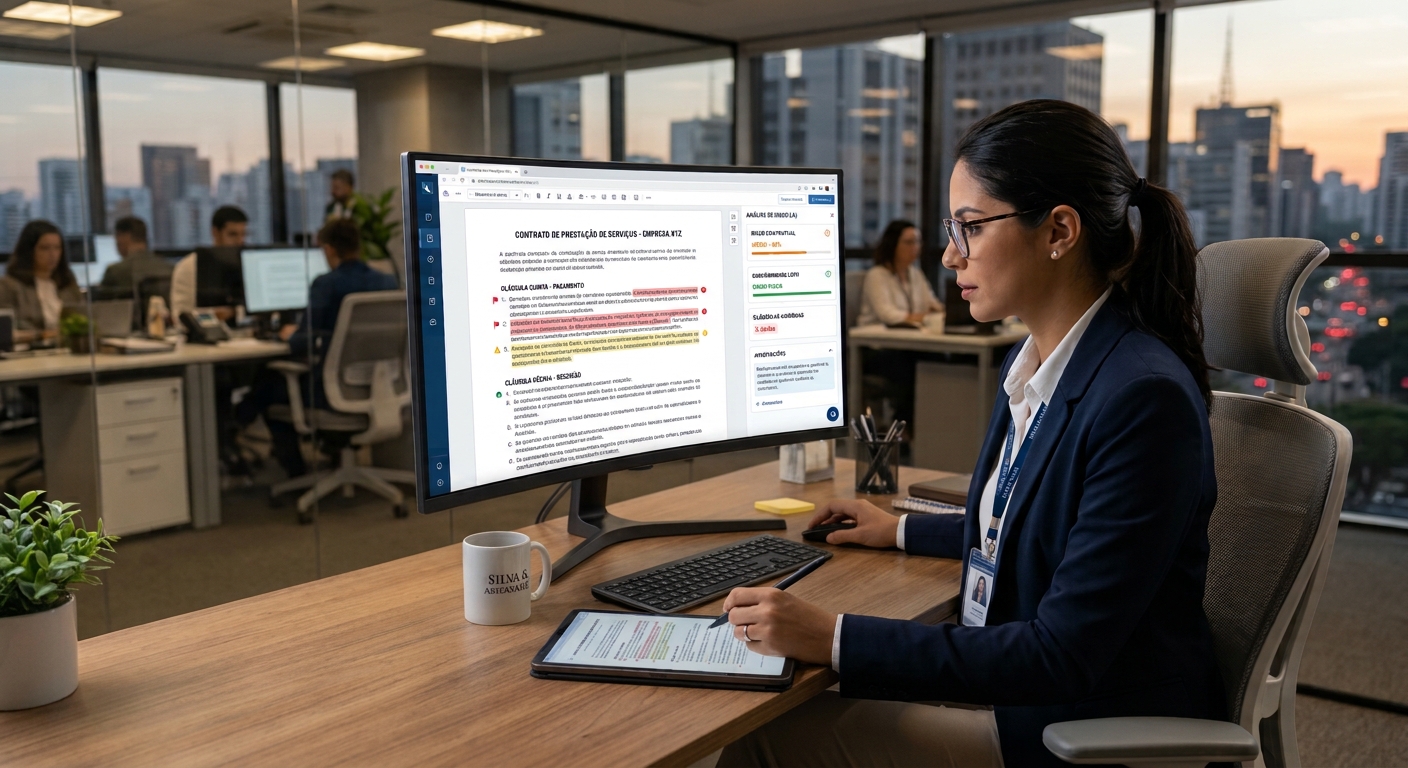 Mulher sentada analisando um contrato por meios digitais após encontrar a melhor IA para gerar contratos.