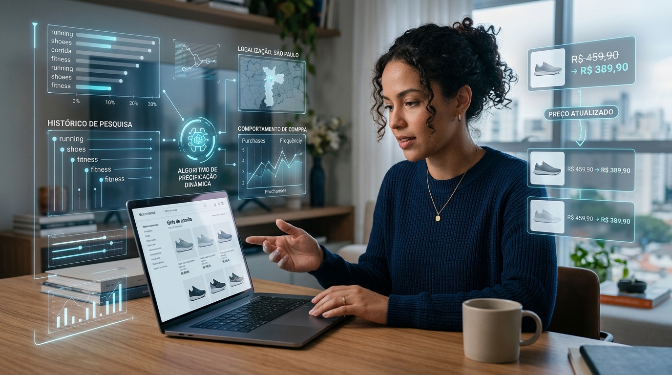 Foto editorial de uma mulher consultando dados holográficos flutuantes, como histórico de pesquisa e localização, enquanto usa um notebook. À direita, um gráfico de preço online ilustra o algoritmo de precificação dinâmica.