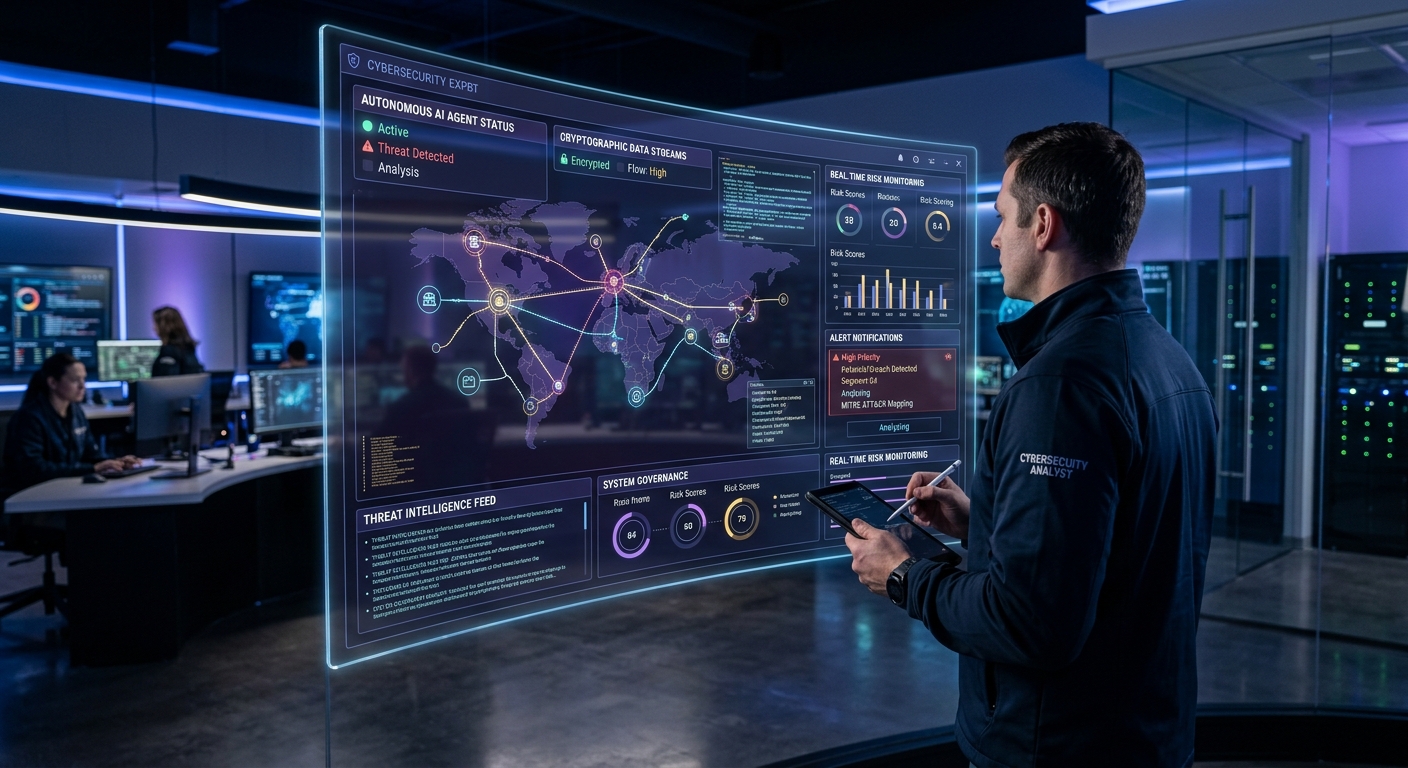 Fotografia em estilo corporativo e futurista de uma sala de controle de TI. Em primeiro plano, um especialista em segurança cibernética de costas parciais observa uma grande tela digital transparente. A tela exibe interfaces de agentes de inteligência artificial autônoma, dados criptografados, gráficos de monitoramento de risco e alertas sutis de segurança. Iluminação em tons de azul escuro e violeta, transmitindo governança, tecnologia avançada e proteção de dados B2B.