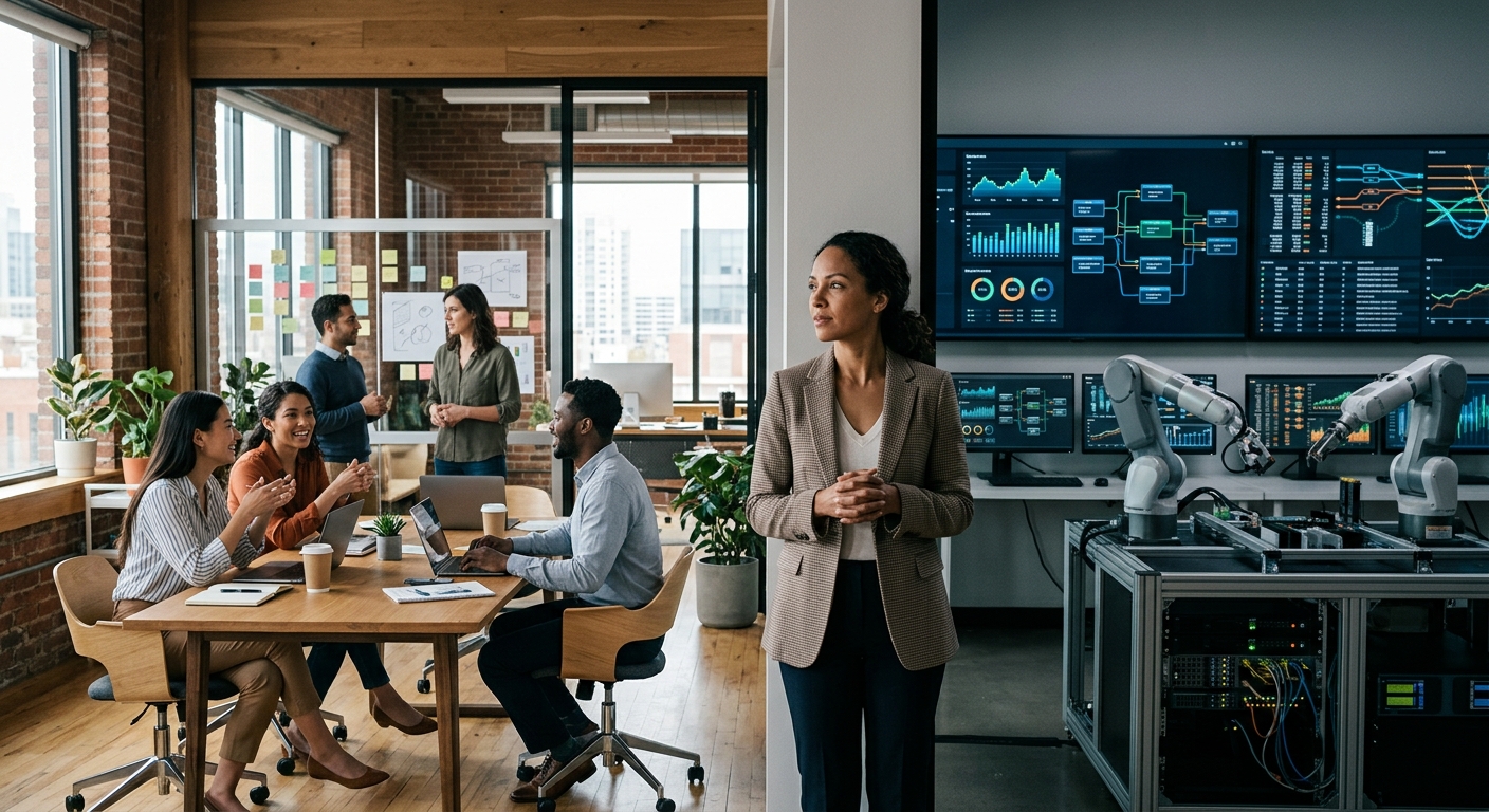 Imagem de ambiente corporativo sobre o tema Bill Gates e IA, dividida entre uma equipe humana colaborando em um escritório e sistemas de automação digital com uma profissional observando o equilíbrio entre ambos.