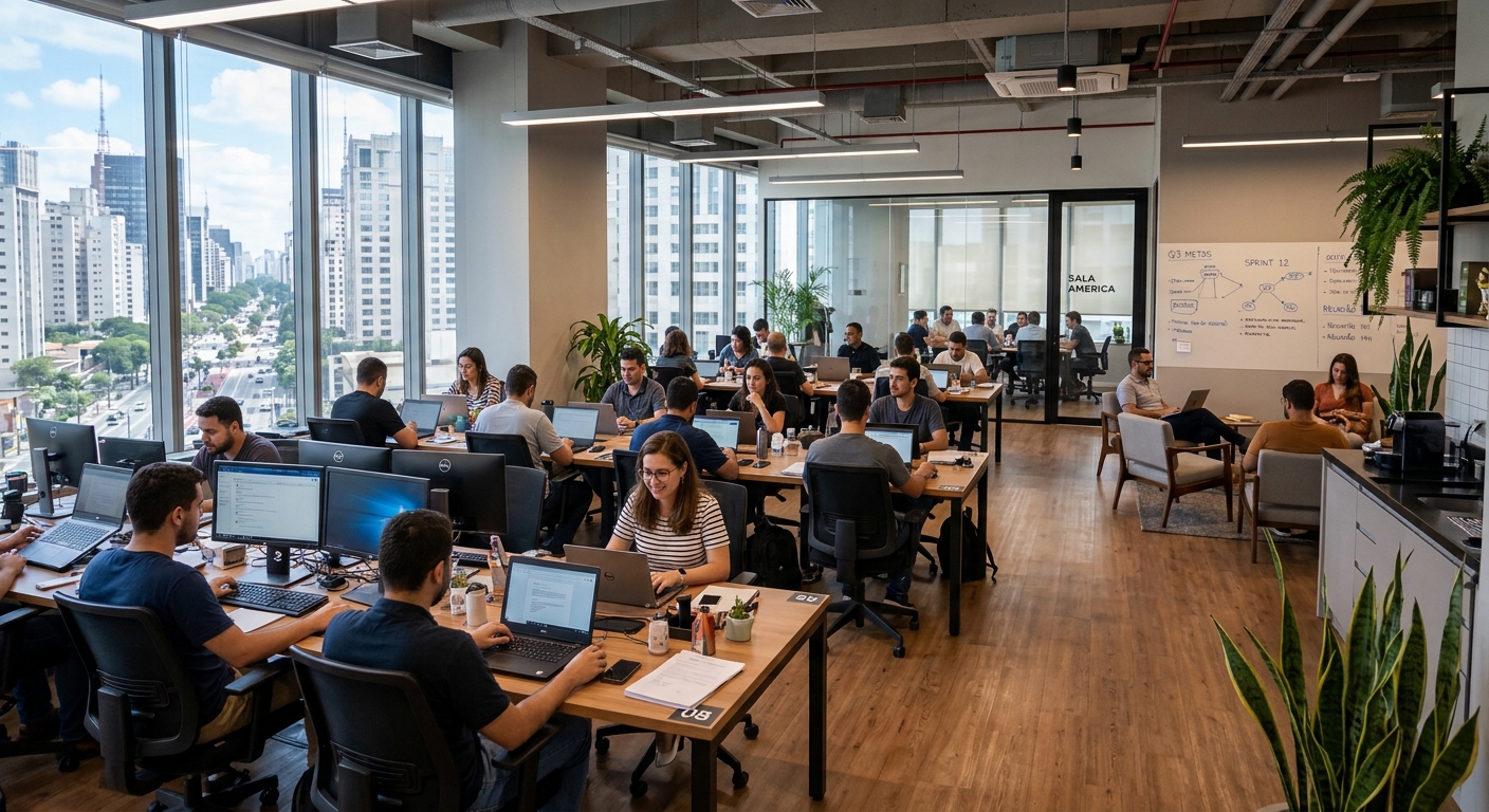 Escritório moderno de média empresa com funcionários trabalhando em notebooks e computadores, ilustrando a rotina de trabalho e a importância da cibersegurança para PMEs.