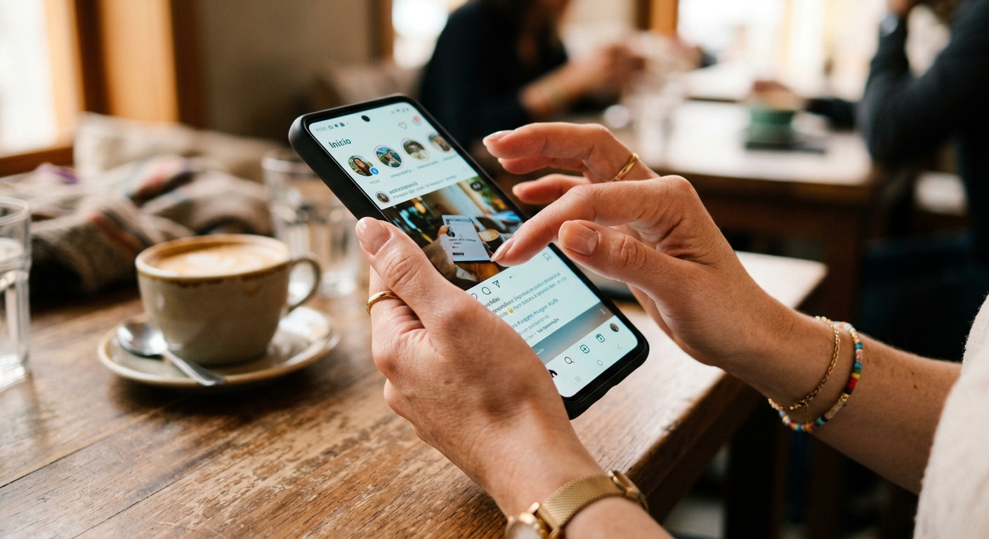 Mãos utilizando o Instagram no celular em uma cafeteria, em postagem sobre como saber se meus dados foram vazados.