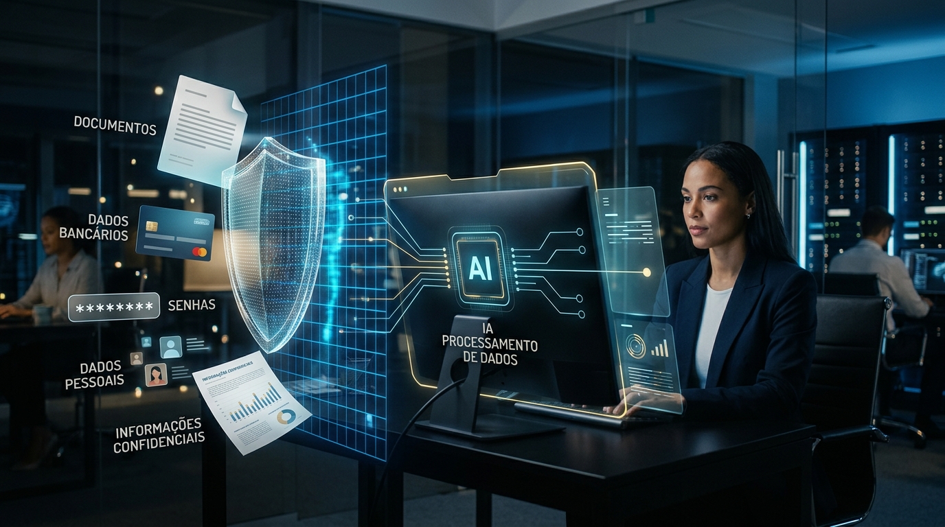 Foto de escritório à noite com profissional e interface holográfica. Um escudo digital azul protege itens como "DADOS BANCÁRIOS", "SENHAS" e "INFORMAÇÕES CONFIDENCIAIS", ilustrando o que não colocar em uma IA por segurança.