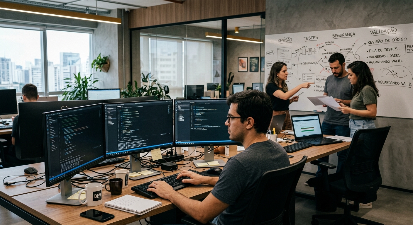 Equipe de engenharia de software trabalhando em computadores, representando os desafios de produtividade, automação de código e métricas no desenvolvimento de software.