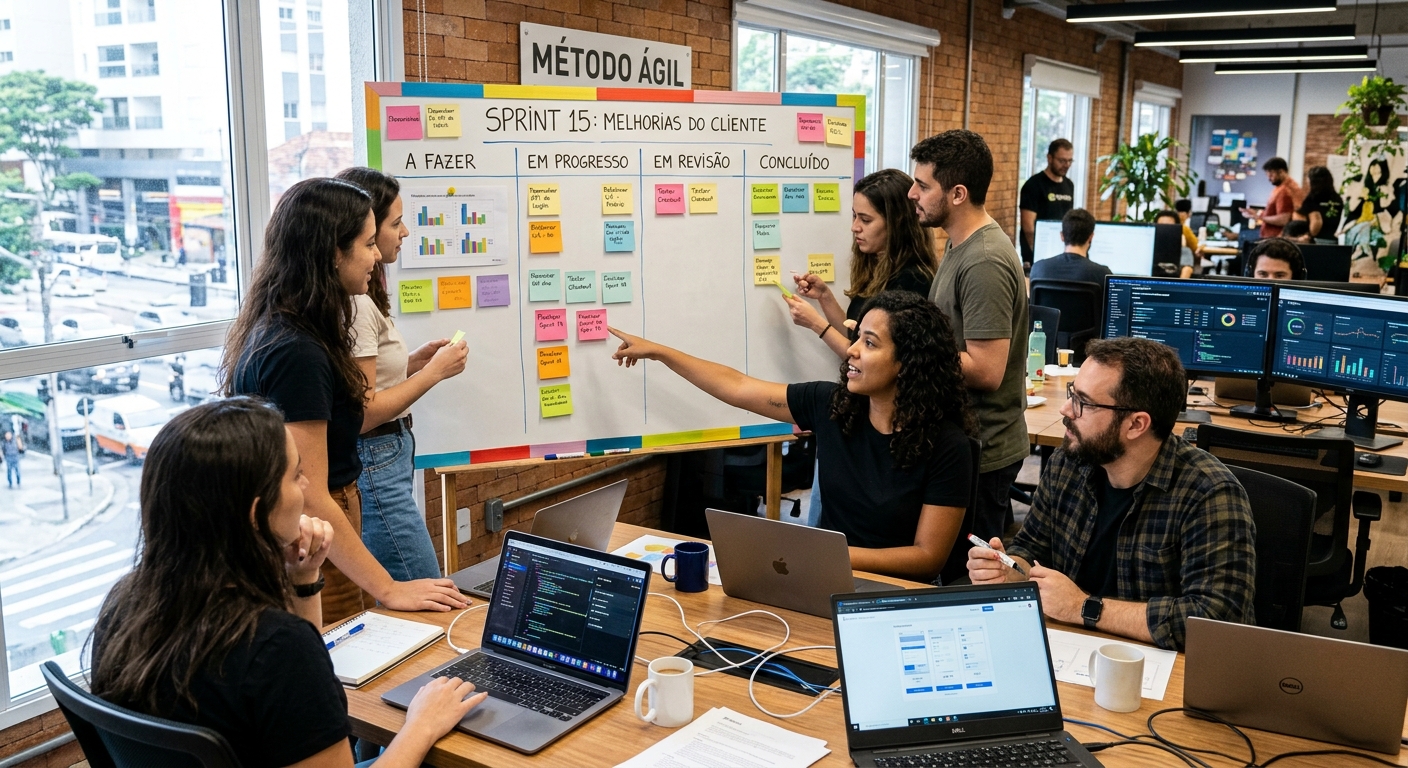 Uma equipe de desenvolvimento de software em São Paulo colabora em um quadro Kanban de Sprint para 'Melhorias do Cliente', exemplificando o processo de entrega em um fluxo de trabalho Dual Track Agile. O quadro detalha tarefas 'A Fazer', 'Em Progresso' e 'Concluído', cercado por membros do time com laptops e monitores de código.
