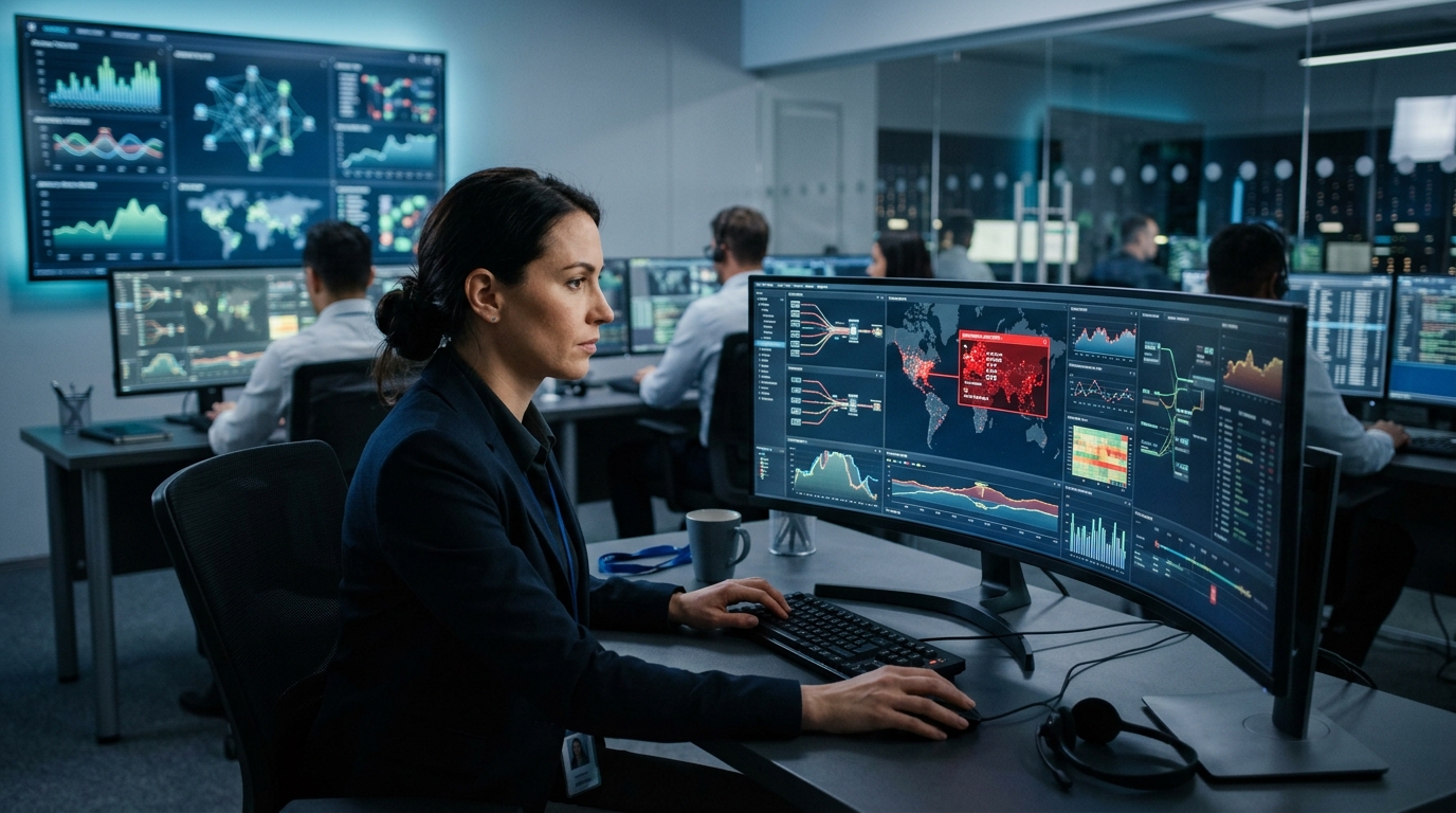 Profissional de segurança digital em um escritório corporativo analisando um mapa global de transações financeiras na tela do computador para a detecção de fraudes em tempo real.