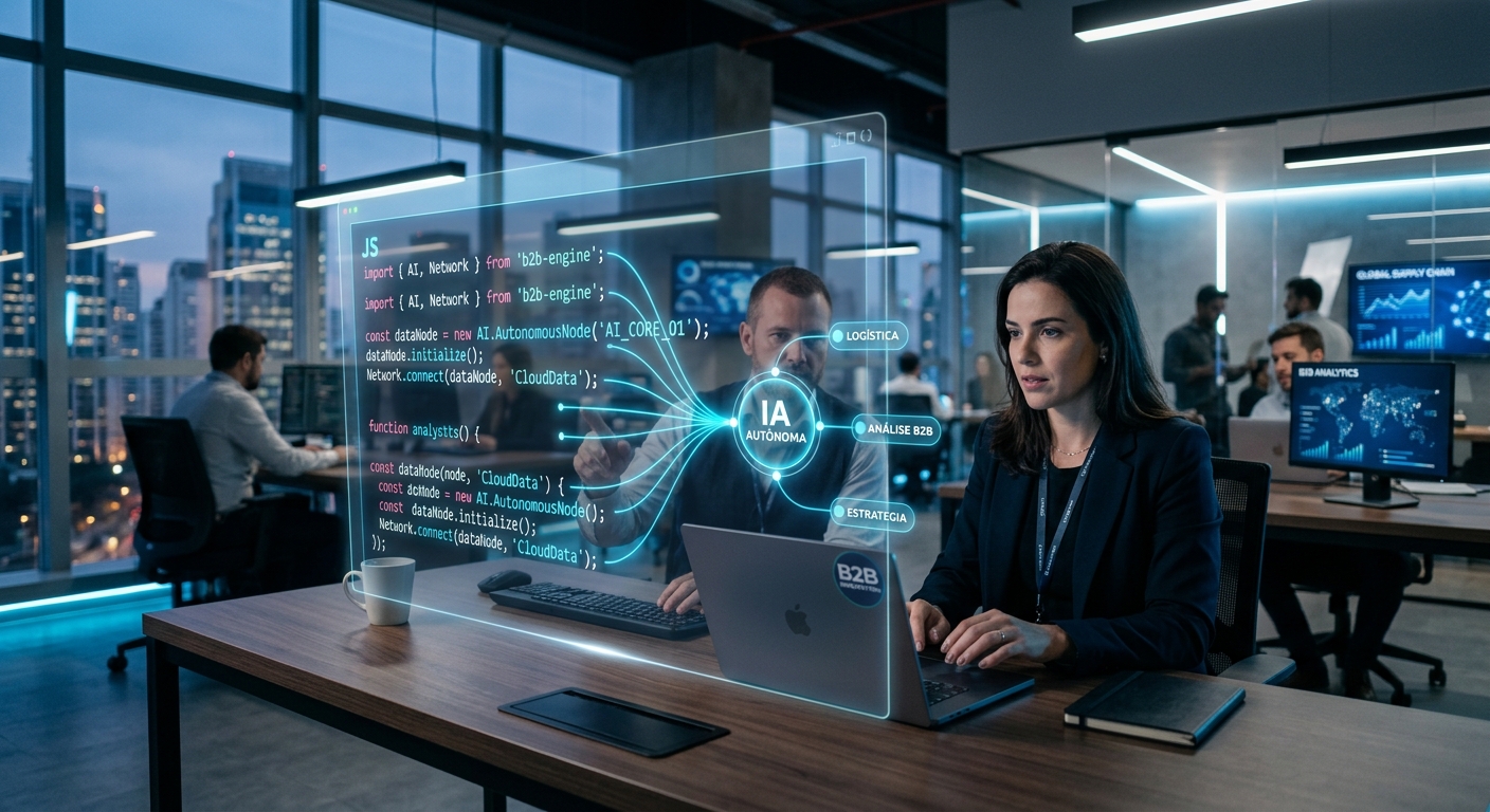 Fotografia corporativa e futurista em ambiente de tecnologia. Em primeiro plano, uma interface de código web transparente flutua sobre uma mesa de escritório moderno, mostrando conexões brilhantes entre linhas de código JavaScript e um nó de inteligência artificial autônoma. Tons de azul e ciano, com iluminação suave e foco em inovação B2B.