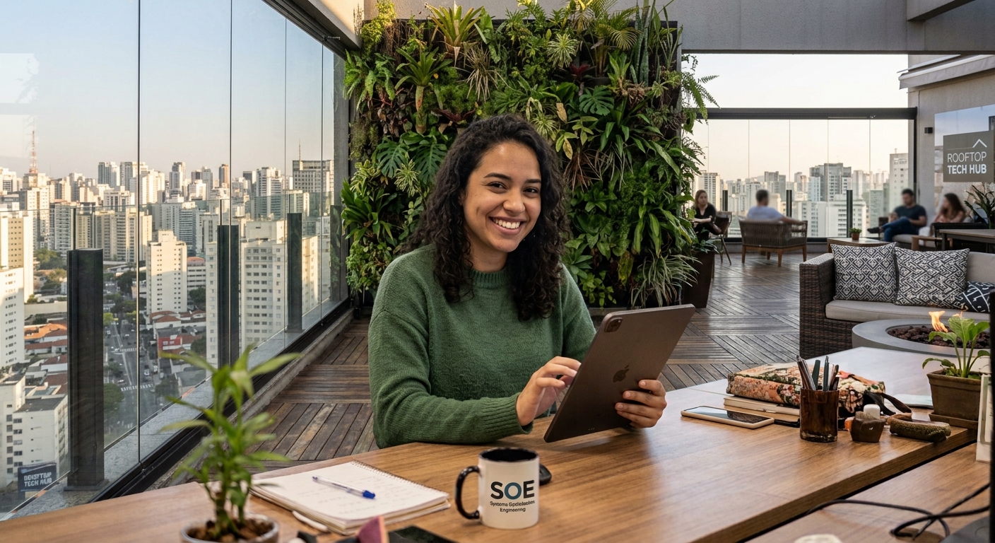 Uma mulher com um sorriso confiante segura um tablet em um escritório moderno no rooftop, com uma vista deslumbrante da cidade de São Paulo ao fundo. Esta imagem ilustra como um profissional pode usar a tecnologia para otimizar suas tarefas, servindo como ponto de partida para um artigo sobre como criar um dashboard com IA para visualizar dados complexos de forma intuitiva.