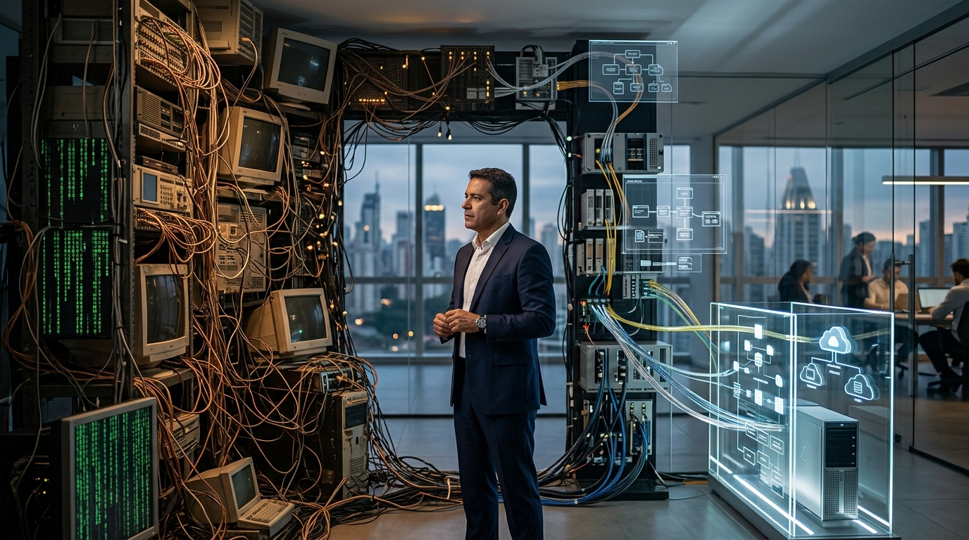 Sistema legado em processo de modernização, representando a evolução da arquitetura de software e a transformação tecnológica nas empresas.