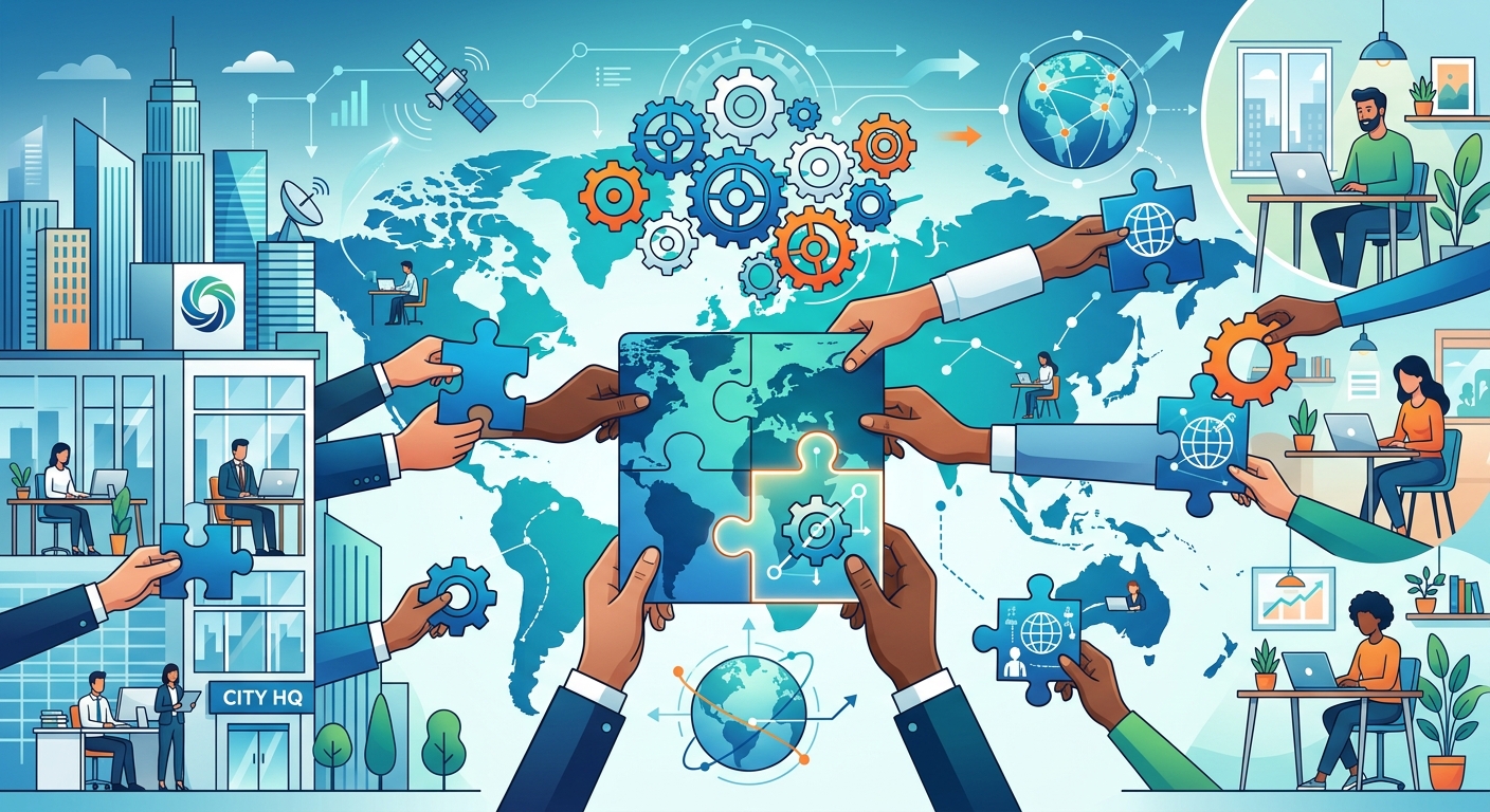 Representação visual de outsourcing de tecnologia com uma equipe corporativa integrando serviços e talentos globais representados por um mapa mundial e engrenagens de inovação.