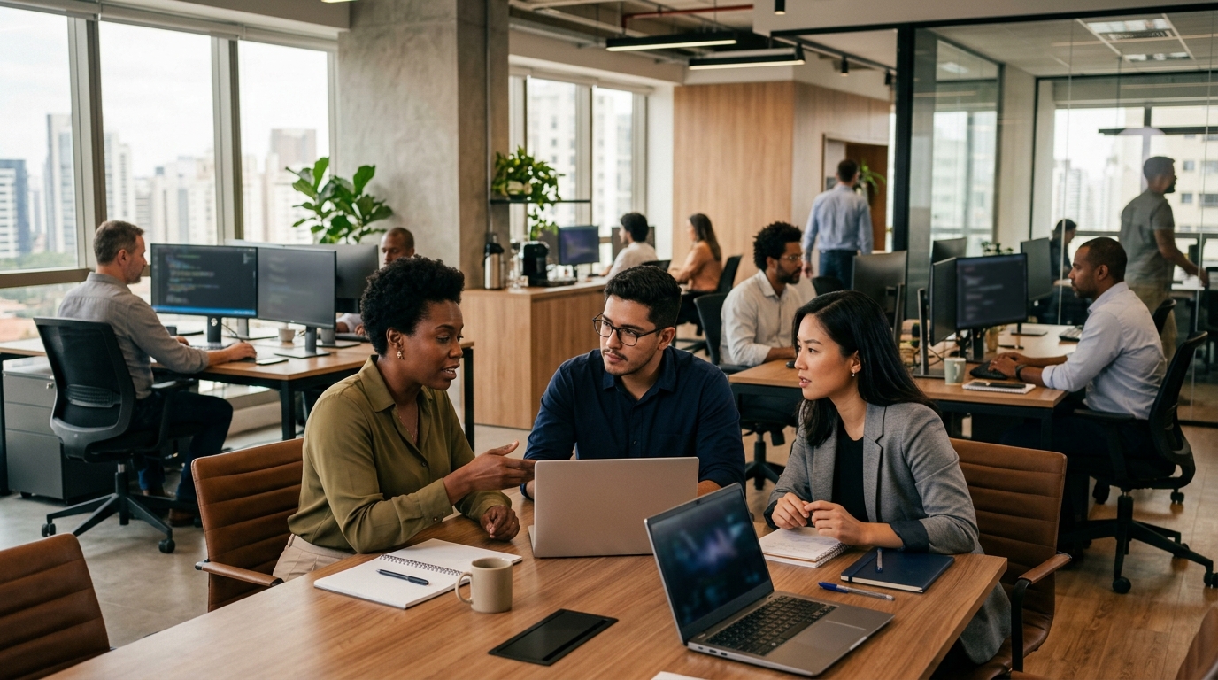Reunião em empresa de suporte de ti em escritório moderno.
