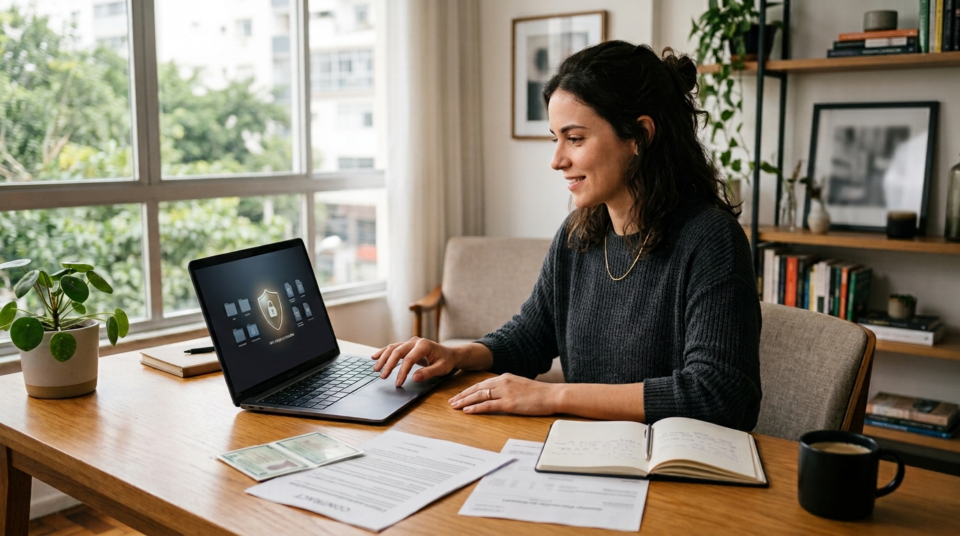 Uma jovem profissional gerencia arquivos digitais em seu notebook em um escritório doméstico, onde a interface da tela exibe um cadeado e pastas, assegurando ao usuário que é seguro guardar documentos no Google Drive.