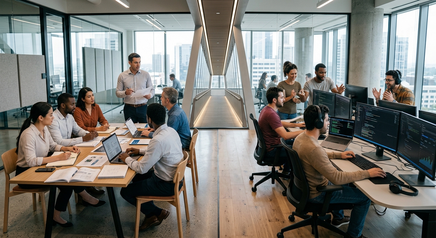 : Equipe de tecnologia trabalhando com IA para acelerar o desenvolvimento de software e aumentar a produtividade do squad.
