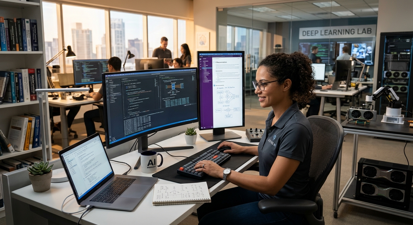 Engenheiro de IA trabalhando no desenvolvimento de modelos de deep learning em um escritório moderno com múltiplos monitores e servidores.