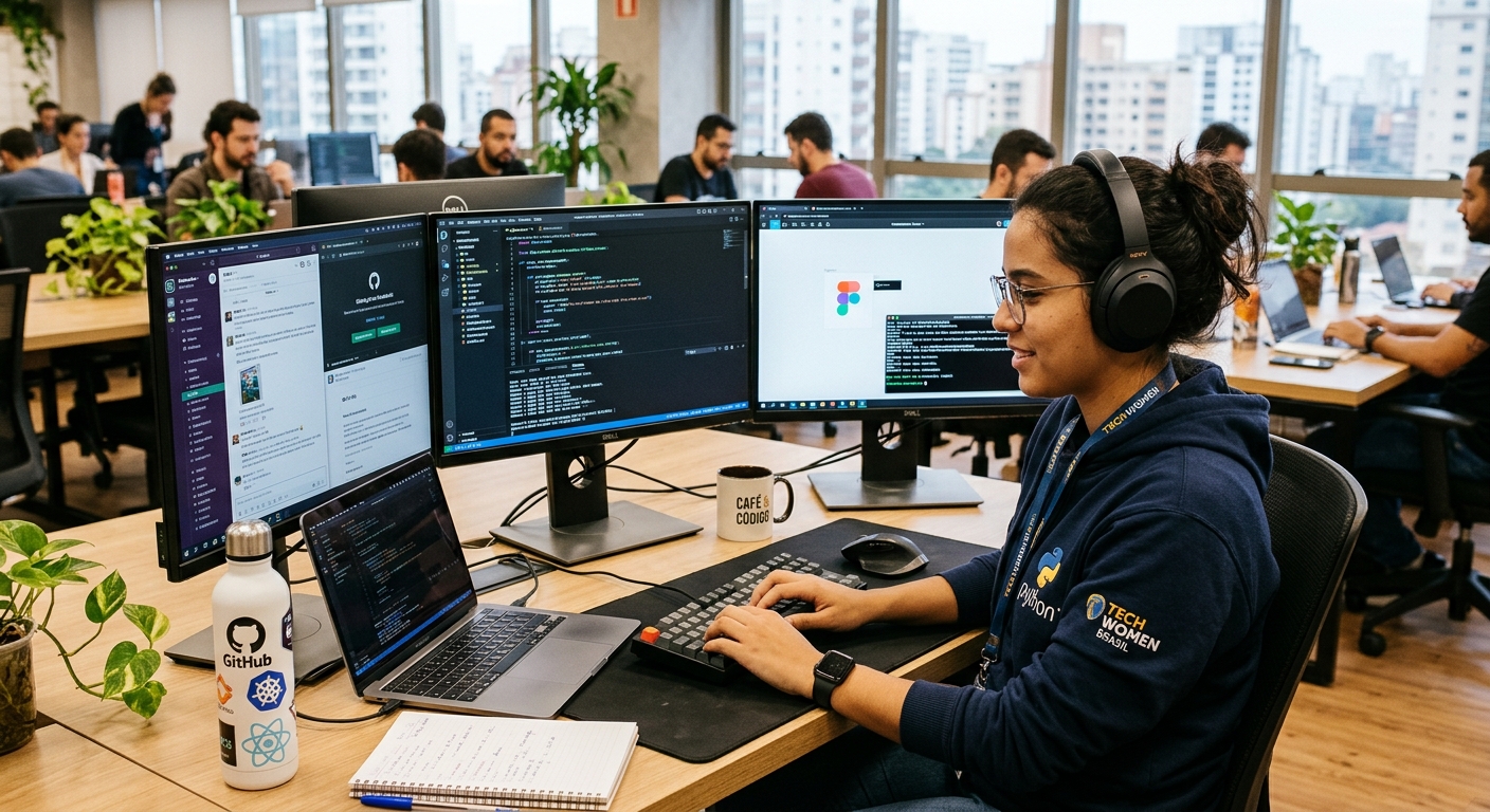 Uma profissional de tecnologia trabalhando em um escritório moderno em São Paulo, usando múltiplos monitores para programar em Python e desenvolver soluções de automação com IA. Ela usa fones de ouvido e está cercada por ferramentas de desenvolvimento de software, como um laptop, teclado mecânico, e uma garrafa de água com adesivos de GitHub e Kubernetes. O ambiente é um co-working vibrante com outras pessoas e plantas.