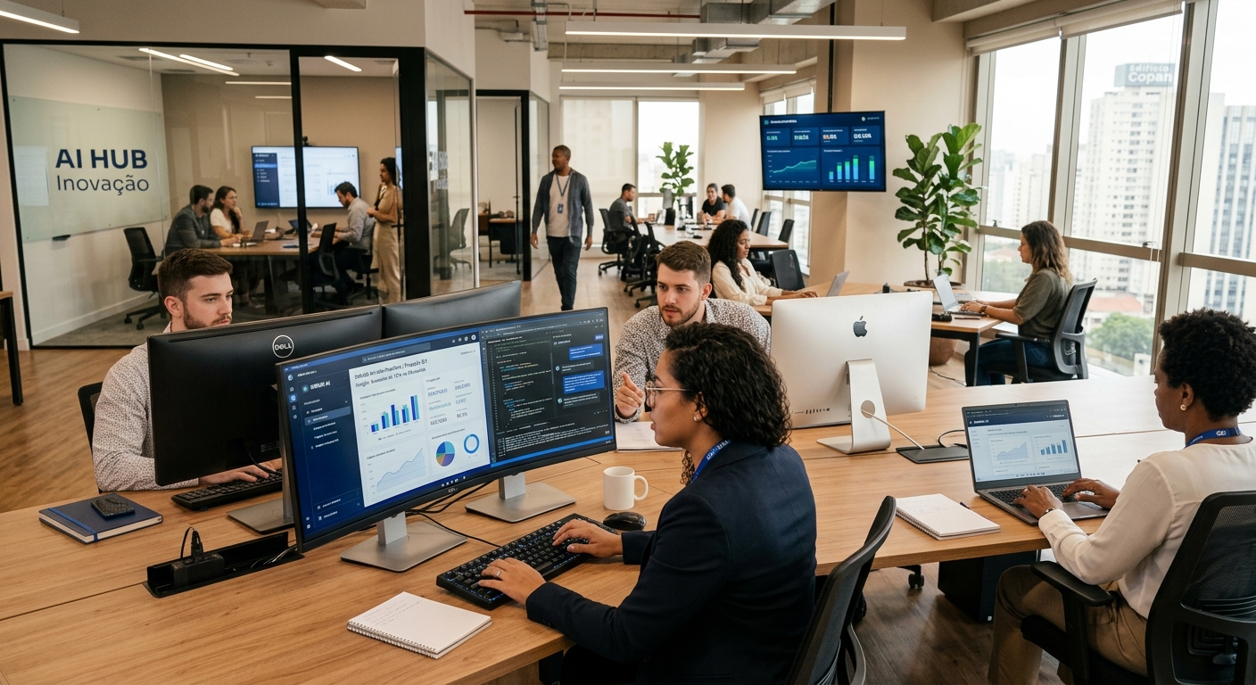 Funcionários em escritório moderno utilizando dashboards de dados e tecnologia avançada, exemplificando o impacto da IA no mercado de trabalho.