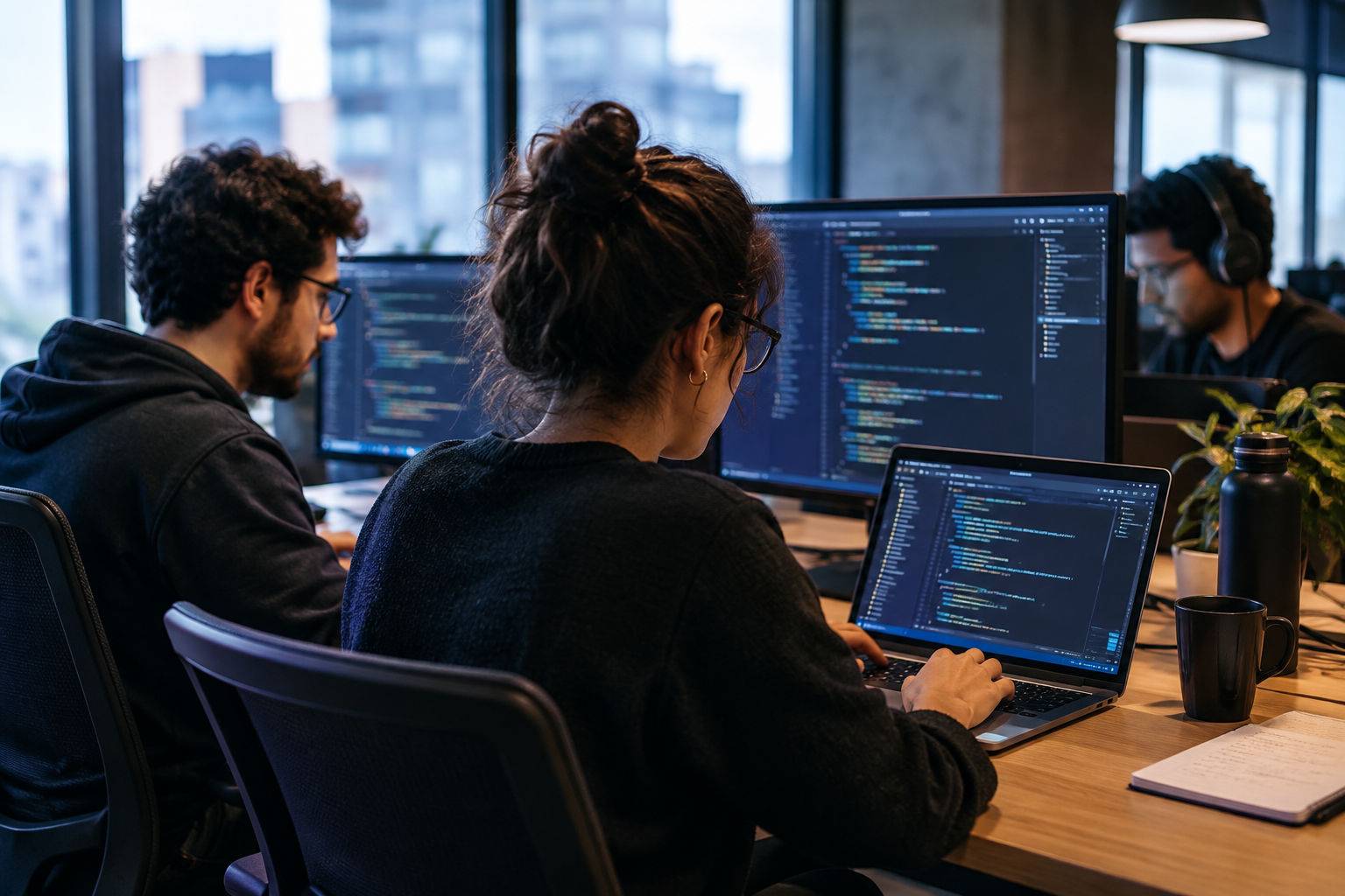 Desenvolvedores trabalhando em equipe em ambiente corporativo, representando a alocação com IA para conectar profissionais de tecnologia às necessidades das empresas.