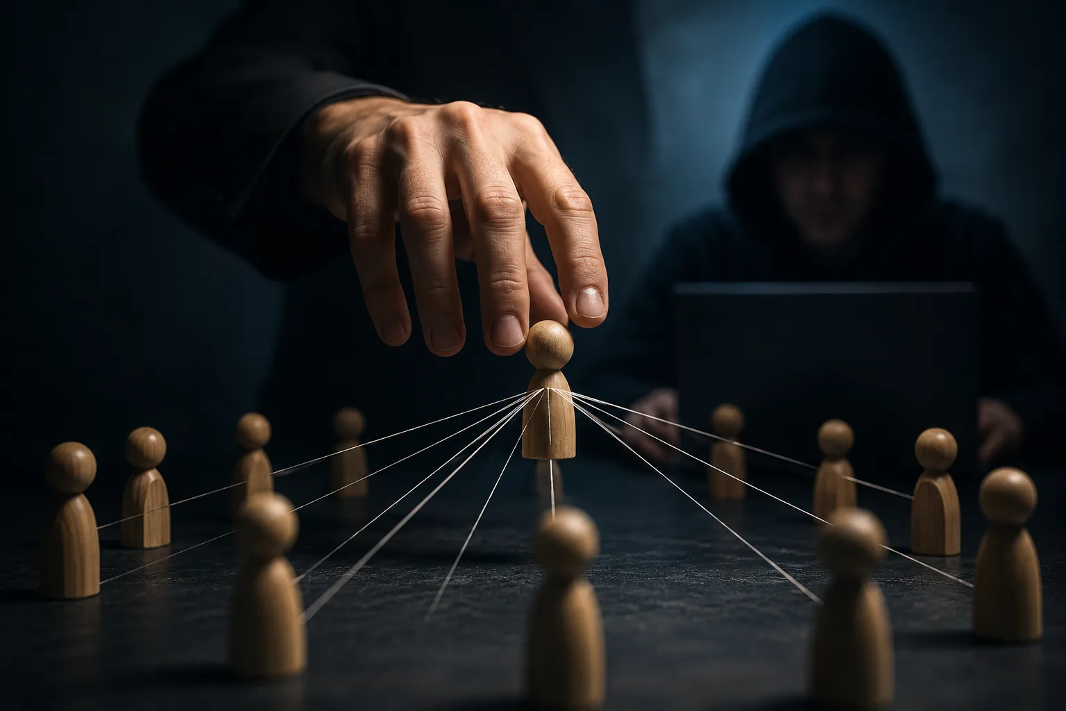 Engenharia social representada por uma mão controlando uma peça central cercada por outras pessoas, simbolizando manipulação e influência.
