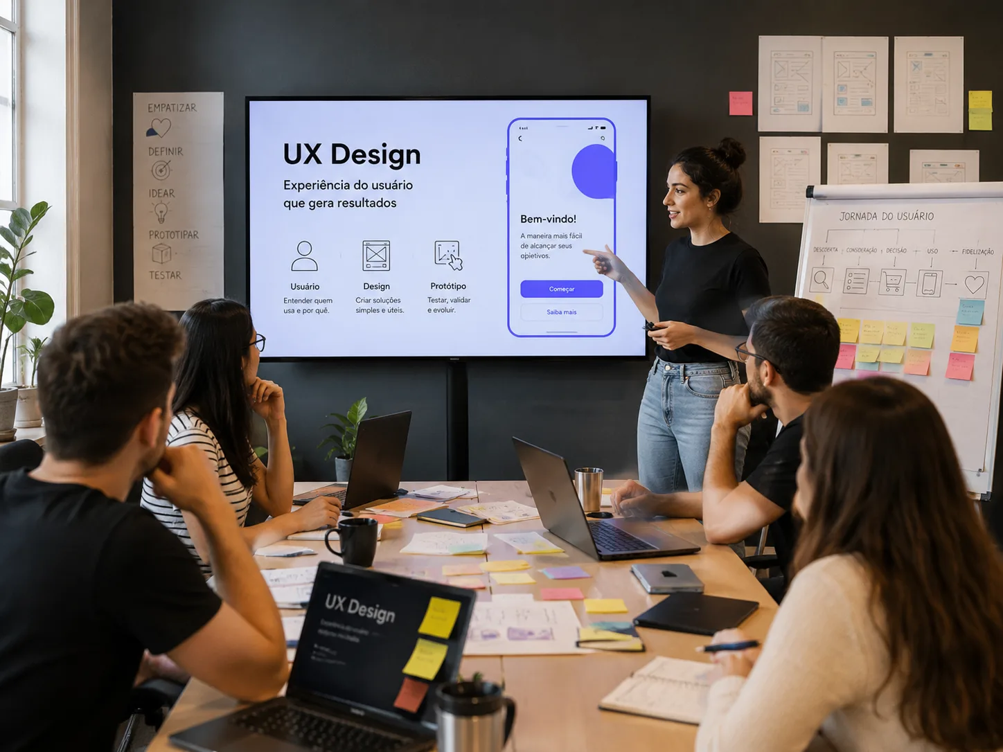 Equipe assistindo a apresentação sobre UX Design em sala de workshop, com foco em experiência do usuário e prototipagem de interfaces digitais.
