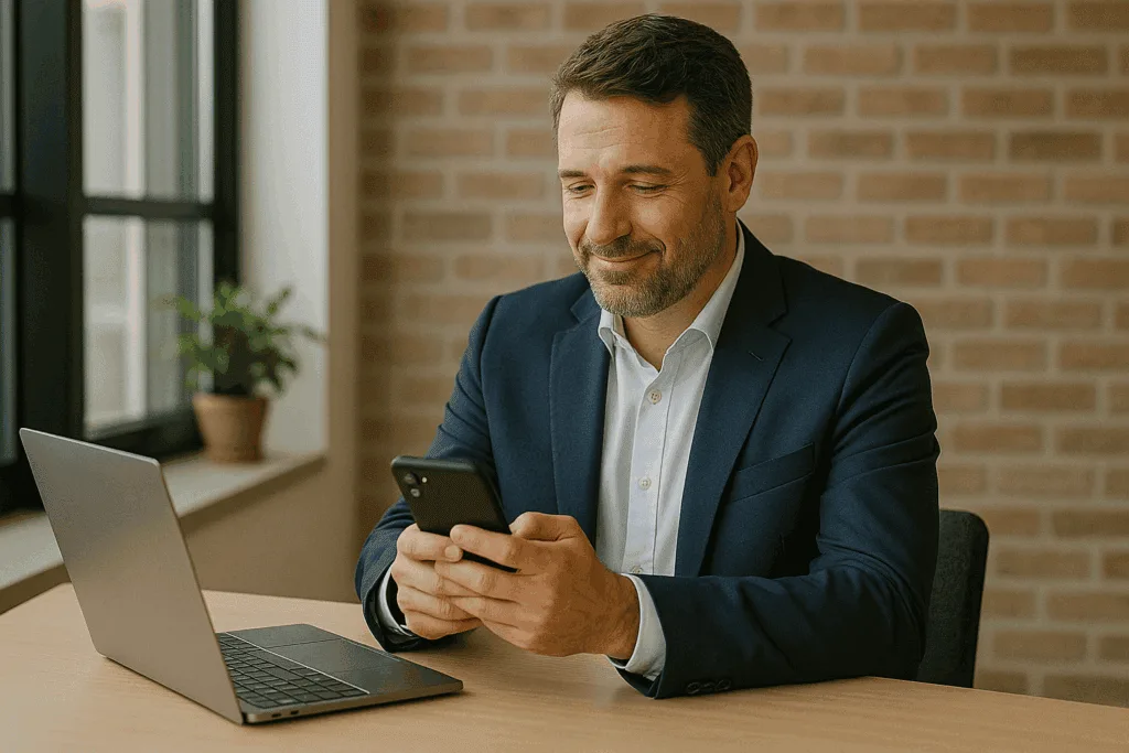 Homem de negócios usando o celular ao lado de um notebook, representando a importância de agir agora diante da mudança no formato do CNPJ.