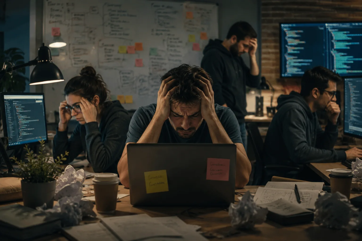 Desenvolvedores trabalhando sob pressão e estresse em um escritório, diante de computadores e códigos, em um cenário relacionado à documentação de software.