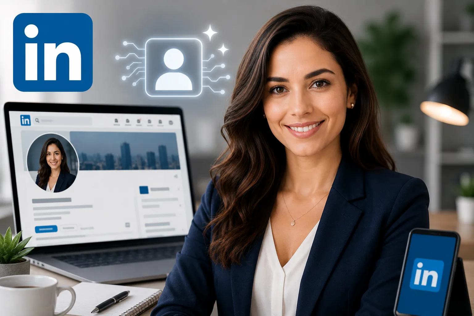Profissional em ambiente corporativo ao lado de perfil do LinkedIn e elementos visuais de inteligência artificial para criação de fotos profissionais.