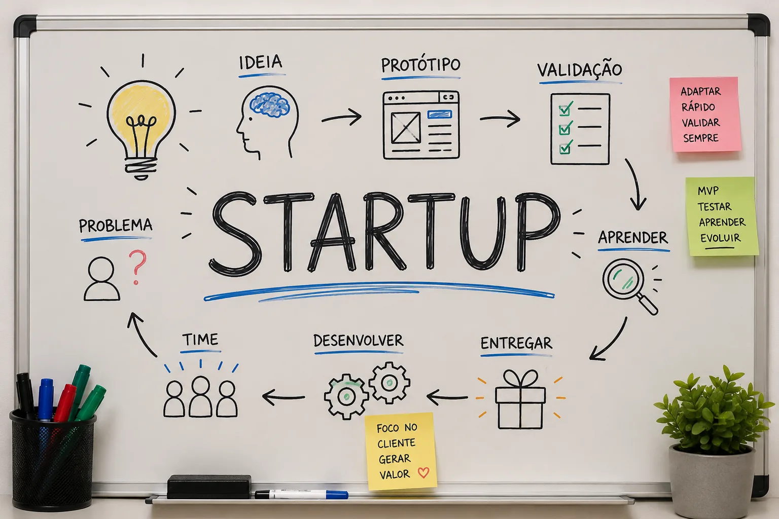 Quadro branco com a palavra "STARTUP" desenhada à mão, representando a metodologia ágil focada em adaptação rápida e entrega de valor contínuo no desenvolvimento de produtos.