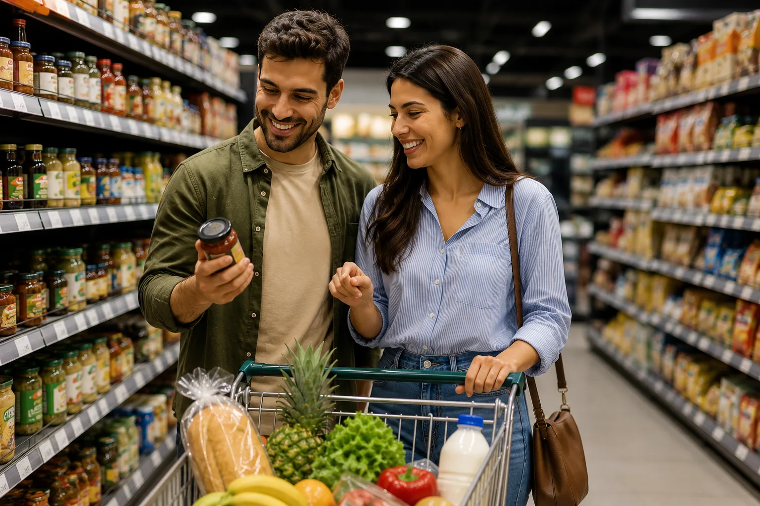 Casal sorridente faz compras em um supermercado, empurrando um carrinho repleto de alimentos frescos enquanto observa um produto na prateleira. A cena representa a experiência de compra no PDV, destacando um ambiente organizado, moderno e acolhedor que simboliza a eficiência e a proximidade entre consumidores e o varejo.