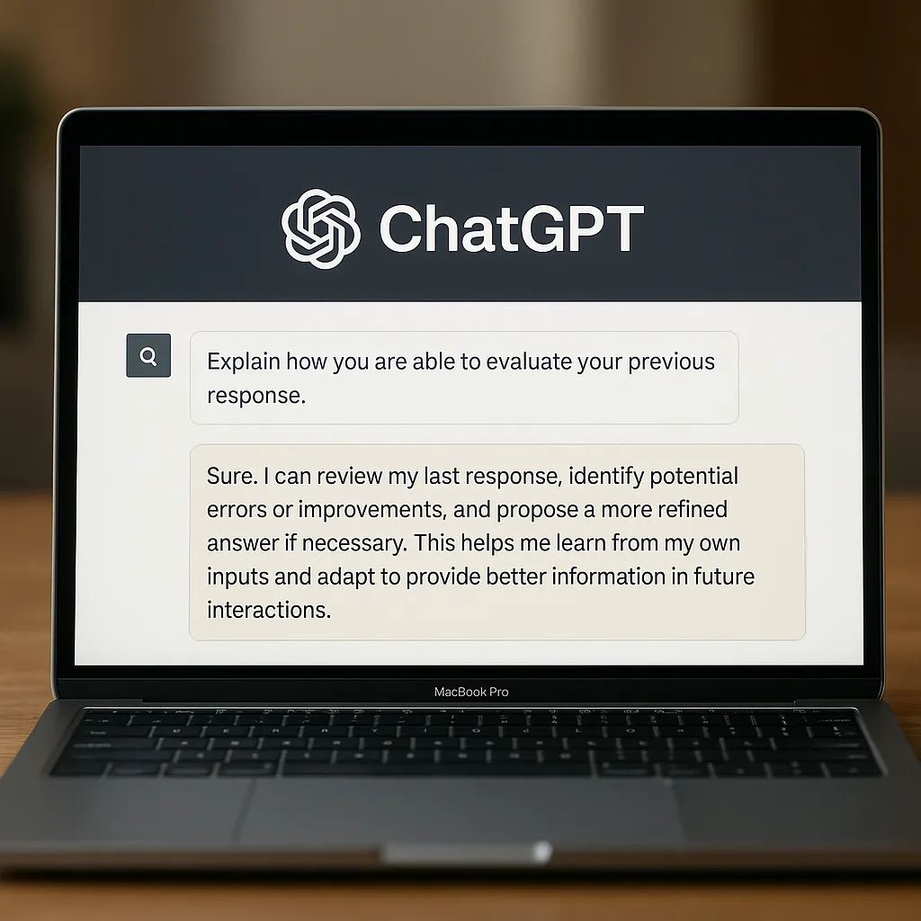 Tela de notebook exibe a interface do ChatGPT com a pergunta “Explain how you are able to evaluate your previous response” e uma resposta explicando a capacidade do modelo de revisar, identificar erros e propor melhorias nas interações futuras.