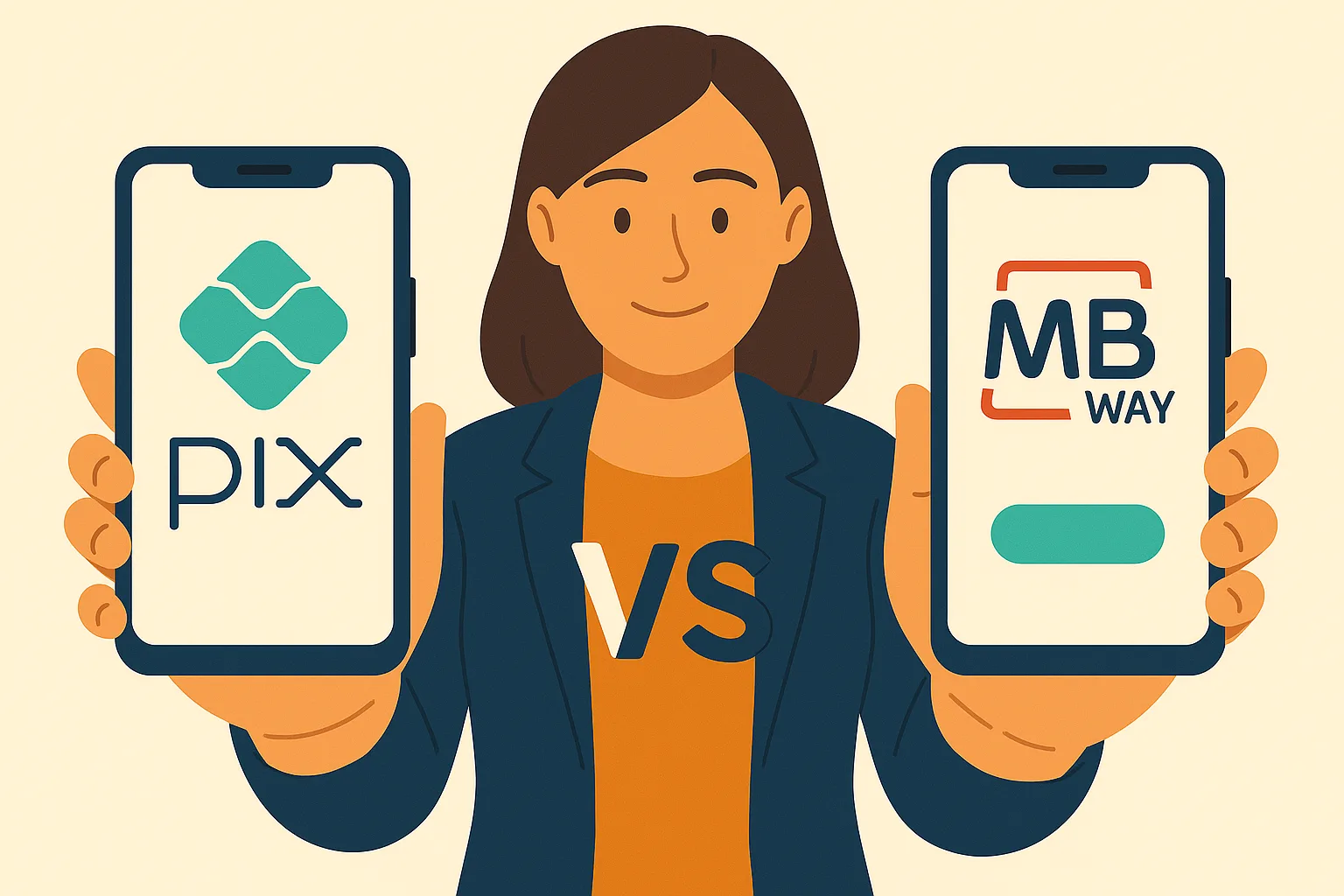 Mulher segura dois smartphones, um com o logotipo do PIX e outro com o do MB Way, simbolizando a comparação entre os dois sistemas de pagamento digital.