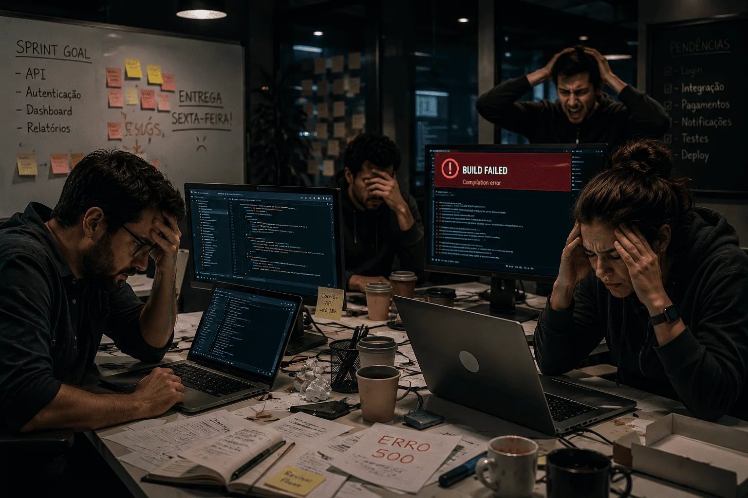 Equipe de desenvolvedores estressada em um escritório de tecnologia, analisando computadores e corrigindo erros durante uma sprint. A imagem representa como projetos de software atrasam devido a imprevistos, falhas técnicas e dificuldades de planejamento.