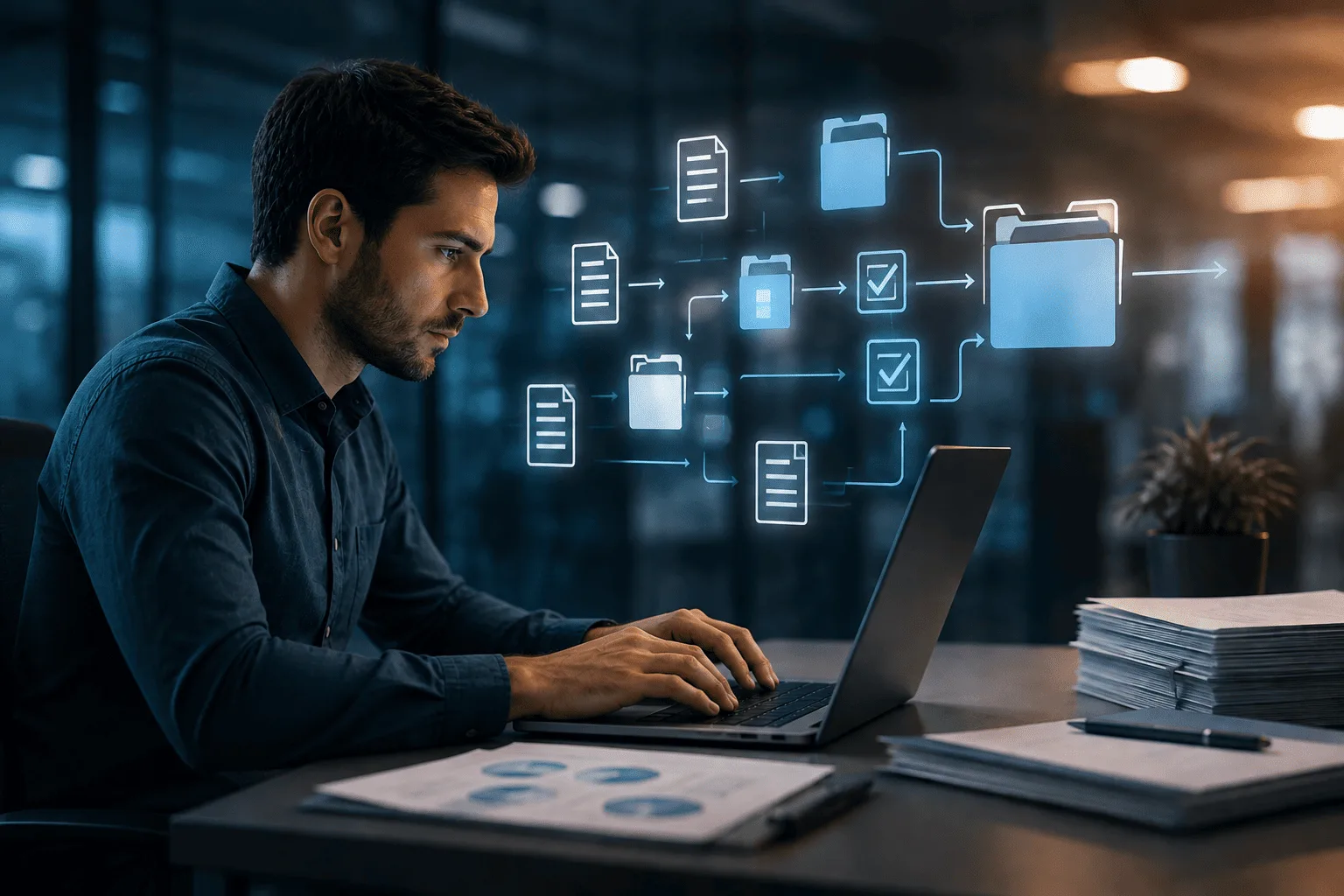 Profissional trabalhando em notebook diante de um fluxo digital de documentos, pastas e checklists que representa a automação de processos com RPA.