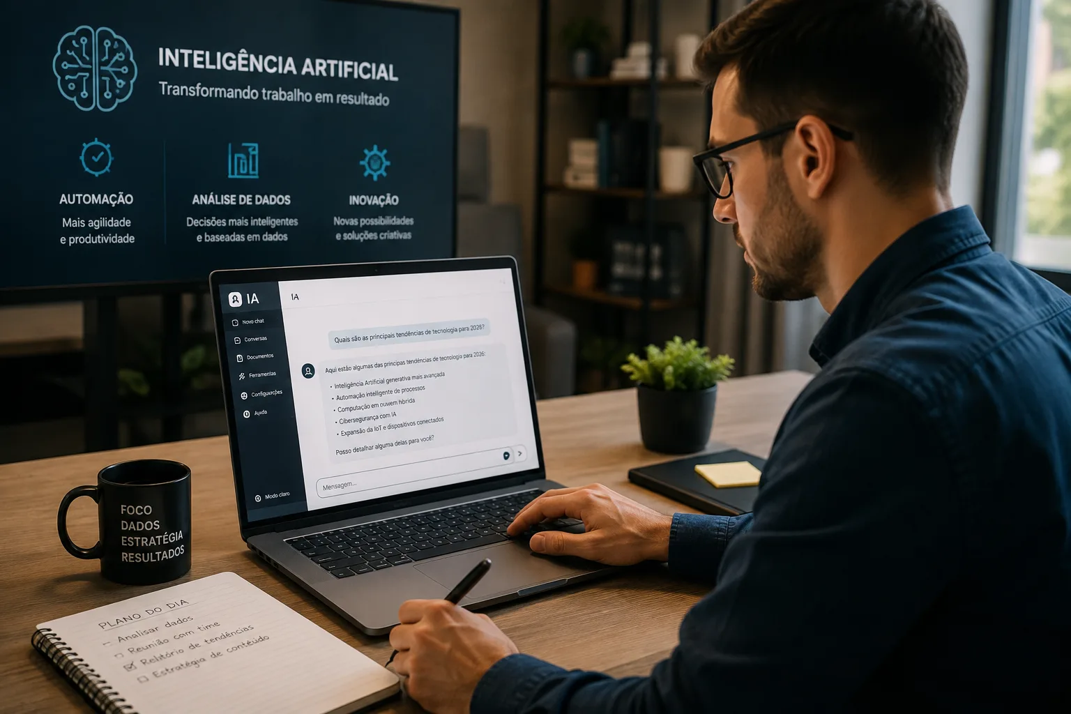 Homem utilizando inteligência artificial no trabalho, com foco em como usar IA sem vazar dados corporativos.