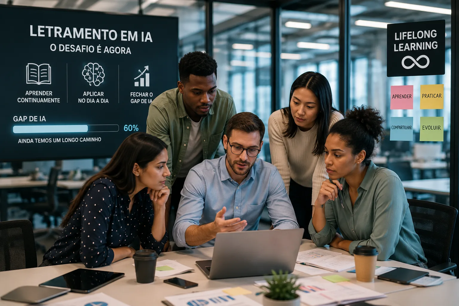 Equipe de profissionais reunida em torno de um notebook em escritório moderno, representando o Gap de Inteligência Artificial e a necessidade de letramento no ambiente corporativo.