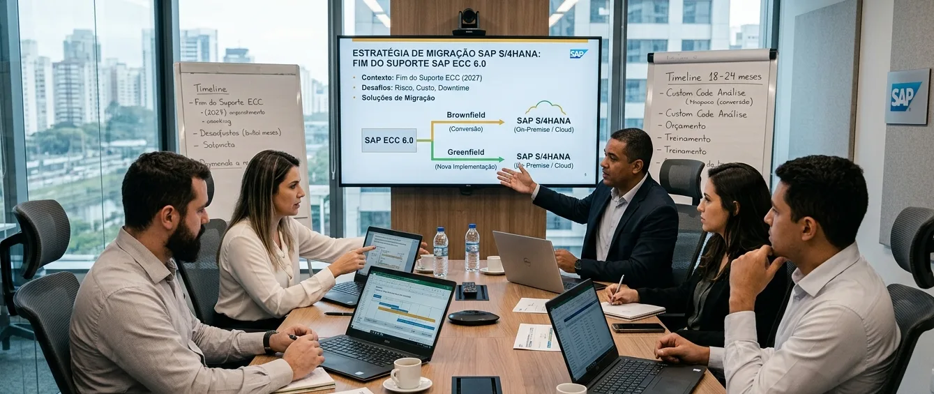 Reunião corporativa com equipe de TI analisando soluções para migração do SAP tradicional para SAP S/4HANA, diante do fim do suporte.