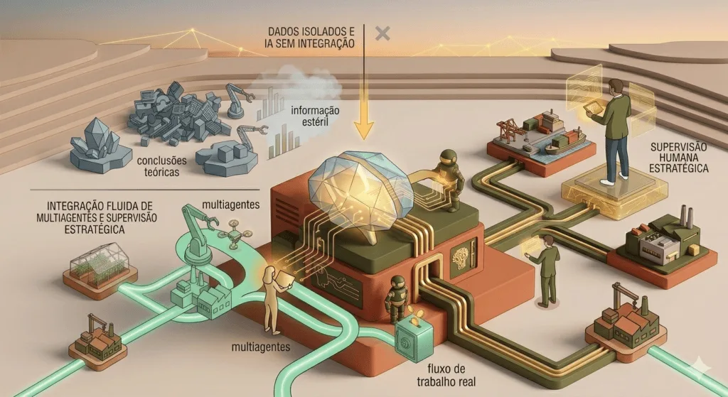 Ilustração tecnológica de uma operação integrada. No plano superior, 'ilhas de informação' cinza isoladas representam 'DADOS ISOLADOS' e 'IA SEM INTEGRAÇÃO'. No plano inferior, o núcleo cerebral de Inteligência Artificial está ativado e totalmente integrado ao fluxo de trabalho real (linha de produção, logística, finanças) através de tubulações verdes e douradas. Múltiplos estrategistas humanos (refinados, em dourado pálido) validam as decisões do sistema com painéis holográficos dourados, representando maturidade digital e supervisão estratégica. O caminho integrado e diagnosticado leva a um radiant 'Prosperidade' dourado. O fundo apresenta sutis textos em português: 'INTEGRAÇÃO FLUIDA DE MULTIAGENTES', 'VALIDAÇÃO HUMANA ESTRATÉGICA'.