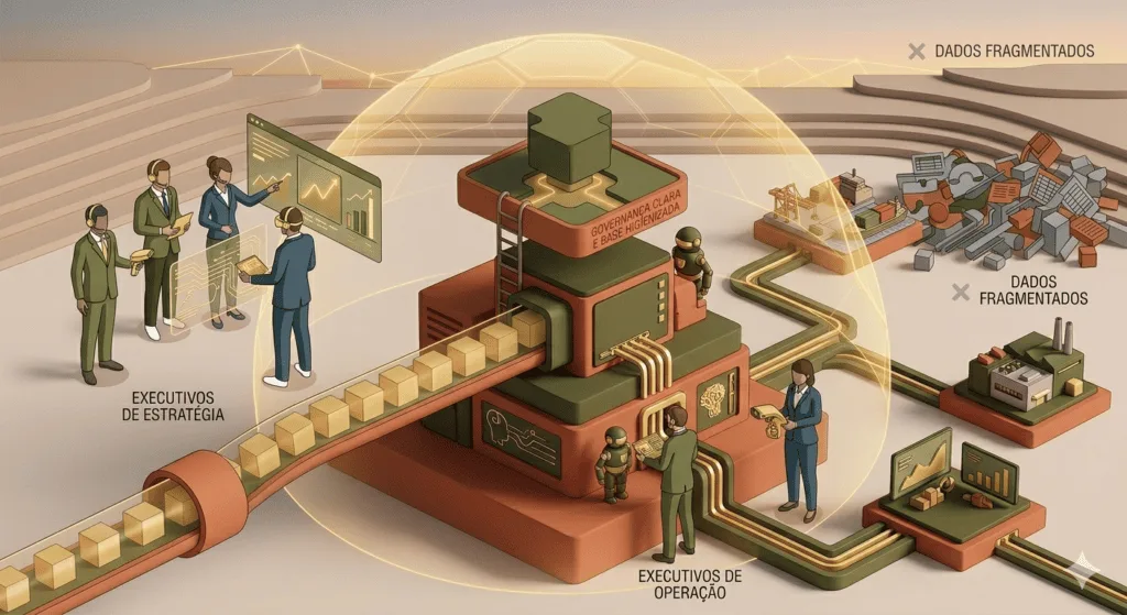 Ilustração isométrica moderna e minimalista em tons de terracota, verde oliva e dourado. No centro, uma estrutura modular de Inteligência Artificial está em construção, com fluxos de dados organizados e limpos (cubos dourados) entrando nela. Braços robóticos refinados organizam o fluxo. No topo da estrutura, um grupo de executivos e estrategistas (em trajes profissionais e capacetes de realidade aumentada com toques dourados) colabora com interfaces e painéis de controle transparentes. Eles validam a governança dos dados brutos que chegam de tubulações organizadas. O ambiente é seguro e estruturado, representando eficiência e controle humano sobre a tecnologia.