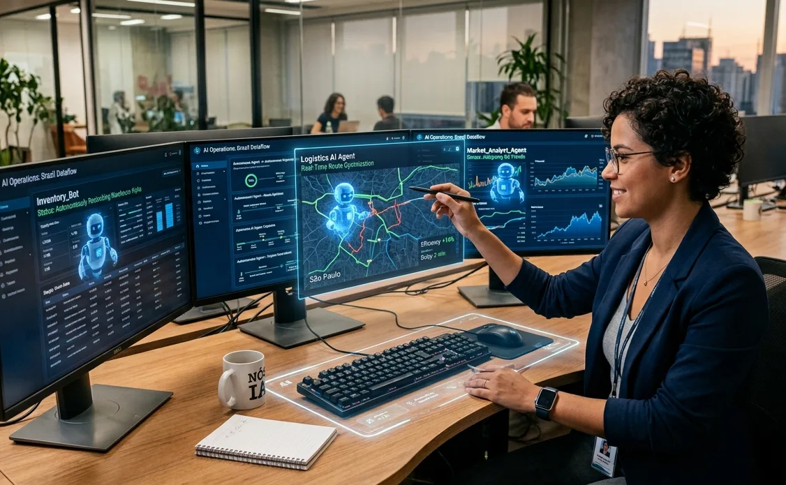 Uma mulher negra de óculos e blazer azul, sentada em um escritório moderno em São Paulo, sorri enquanto aponta para um monitor de computador que exibe um holograma azul de um mapa de rotas. O monitor mostra a interface de 'Agentes Autônomos de IA', incluindo bots de logística e inventário.