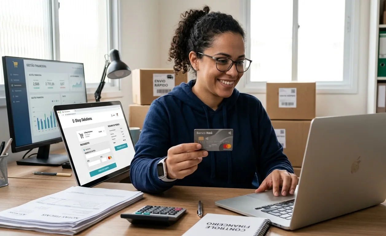 Uma mulher sorridente com cabelos cacheados e óculos está sentada a uma mesa de madeira em um escritório doméstico, segurando um cartão de crédito em frente a um notebook aberto, pronta para finalizar uma transação. Ela veste um casaco azul e está rodeada por caixas de papelão, dois monitores e materiais de escritório.