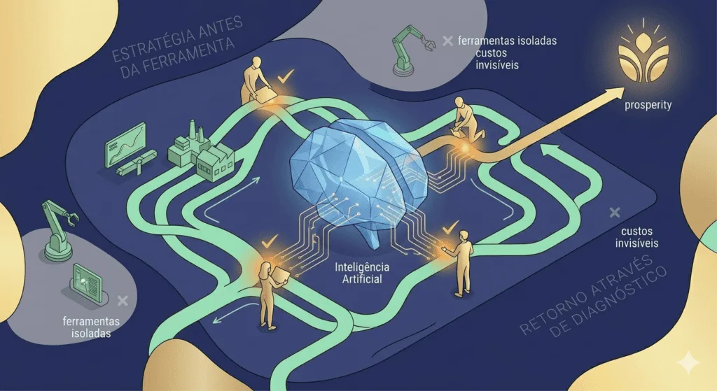 Uma complexa e expansiva ilustração conceitual em estilo de ecossistema de conhecimento. No centro, um núcleo cerebral de Inteligência Artificial (cristal azul) está integrado a um mapa de fluxos de dados e processos de negócios (verde-menta cristalino). Múltiplos estrategistas humanos (refinados, em dourado pálido) utilizam ferramentas e diagnósticos para identificar gargalos e traçar conexões seguras. Figuras humanas isoladas, representando 'ferramentas isoladas' e 'custos invisíveis', estão greyadas e marcadas com um 'X'. O caminho integrado e diagnosticado leva a um radiante emblema de 'prosperidade' dourado. O fundo apresenta sutis textos em português: 'ESTRATÉGIA ANTES DA FERRAMENTA' e 'RETORNO ATRAVÉS DE DIAGNÓSTICO'.
