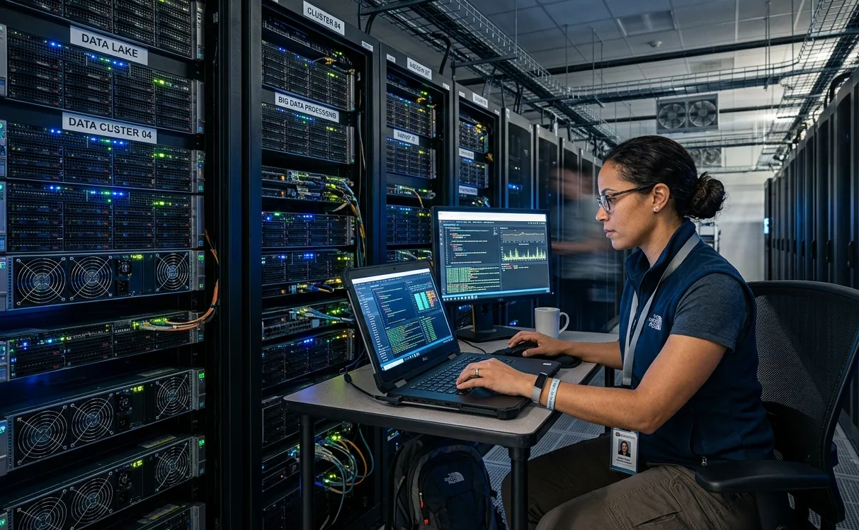 Profissional operando um notebook diante de servidores em data center, representando o trabalho com Big Data e infraestrutura de análise de dados em larga escala.