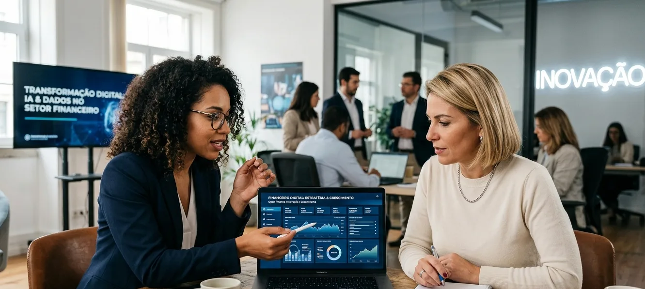 Duas mulheres discutindo estratégias em um laptop, representando a transformação digital além do core bancário no setor financeiro.