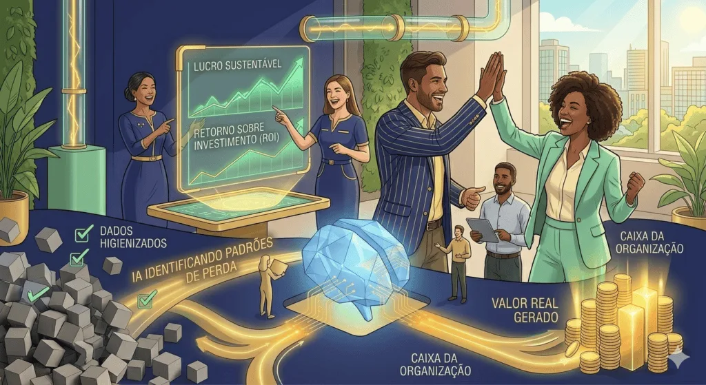Ilustração tecnológica de uma operação integrada e blindada. No plano esquerdo, 'diagnóstico manual' e vazamentos cinzas desorganizados representam desperdício e perdas invisíveis. No centro, o núcleo cerebral de Inteligência Artificial (cristal azul) está ativado e totalmente integrado ao fluxo de trabalho real (linha de produção, logística, finanças) através de tubulações verdes e douradas. Múltiplos estrategistas humanos (refinados, em dourado pálido) validam as decisões do sistema com painéis holográficos dourados, representando maturidade digital e supervisão estratégica. O núcleo cerebral de IA e os multiagentes (ícones especializados) estão blindando o sistema e canalizando o fluxo de ouro e processos eficientes para um radiante 'Caixa da Organização' (The Organization's Cash) estruturalmente seguro, overflowed com glowing gold data coins. O fundo apresenta sutis textos em português: 'IA IDENTIFICANDO PADRÕES DE PERDA EM TEMPO REAL', 'FLUXO DE CAIXA SAUDÁVEL', 'BLINDAGEM FINANCEIRA', 'LUCRO SUSTENTÁVEL'.