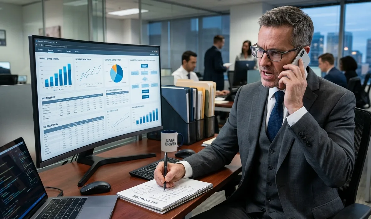 Profissional em traje formal falando ao telefone enquanto analisa algo no computador e faz anotações, representando a aplicação prática de algoritmos em decisões corporativas.