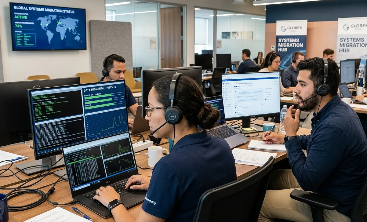 Profissionais de suporte técnico utilizam notebooks com headsets em ambiente corporativo durante processo de migração de sistemas.